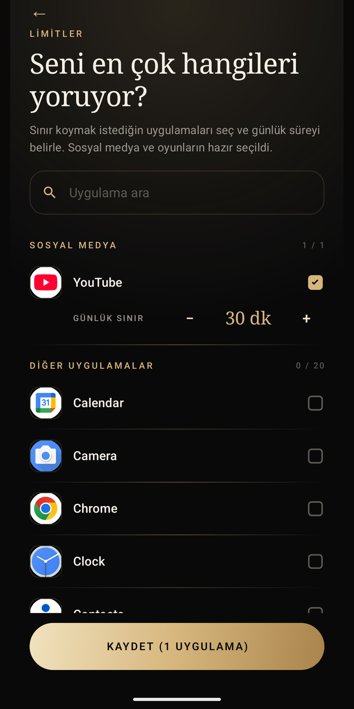 Limitler ekranı: uygulama seçimi ve günlük süre
