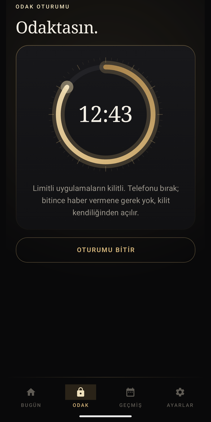 Offlayn Odak ekranı: geri sayım halkası ve kilitli uygulamalar